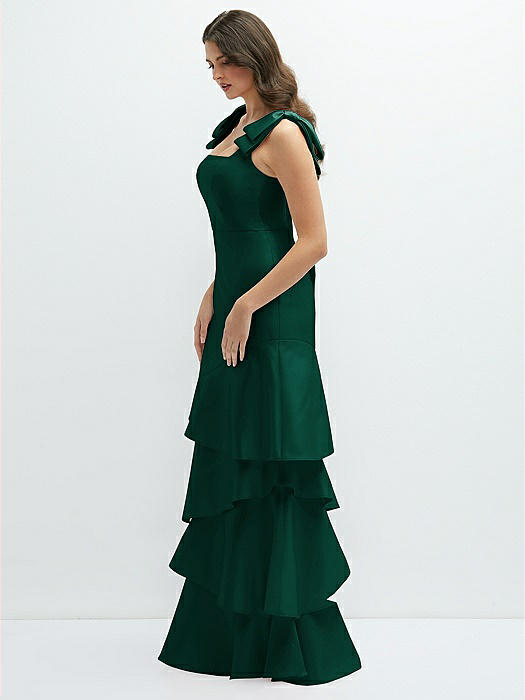 Bow-Shoulder Satin Maxi Dress with Asymmetrical Tiered Skirt