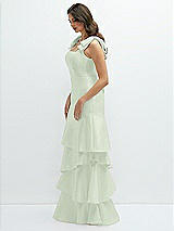 Front View Thumbnail - Mint Green Bow-Shoulder Satin Maxi Dress with Asymmetrical Tiered Skirt