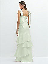 Rear View Thumbnail - Mint Green Bow-Shoulder Satin Maxi Dress with Asymmetrical Tiered Skirt