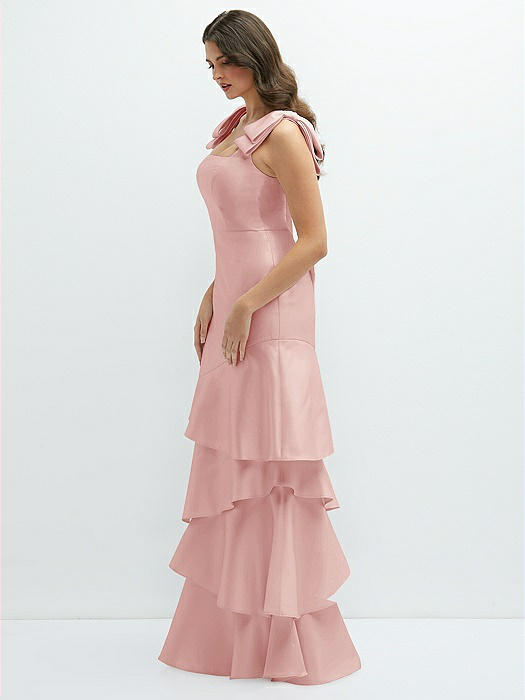 Bow-Shoulder Satin Maxi Dress with Asymmetrical Tiered Skirt