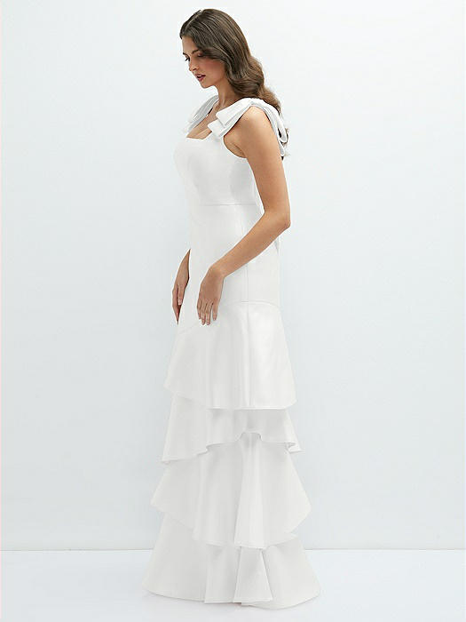 Bow-Shoulder Satin Maxi Dress with Asymmetrical Tiered Skirt