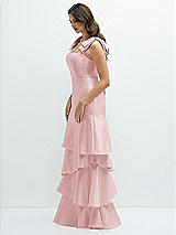 Front View Thumbnail - Ballet Pink Bow-Shoulder Satin Maxi Dress with Asymmetrical Tiered Skirt