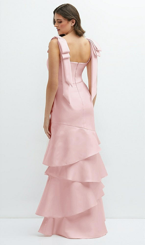 Back View - Ballet Pink Bow-Shoulder Satin Maxi Dress with Asymmetrical Tiered Skirt