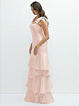 Front View Thumbnail - Blush Bow-Shoulder Satin Maxi Dress with Asymmetrical Tiered Skirt