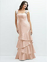 Side View Thumbnail - Cameo Bow-Shoulder Satin Maxi Dress with Asymmetrical Tiered Skirt