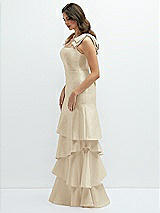 Front View Thumbnail - Champagne Bow-Shoulder Satin Maxi Dress with Asymmetrical Tiered Skirt