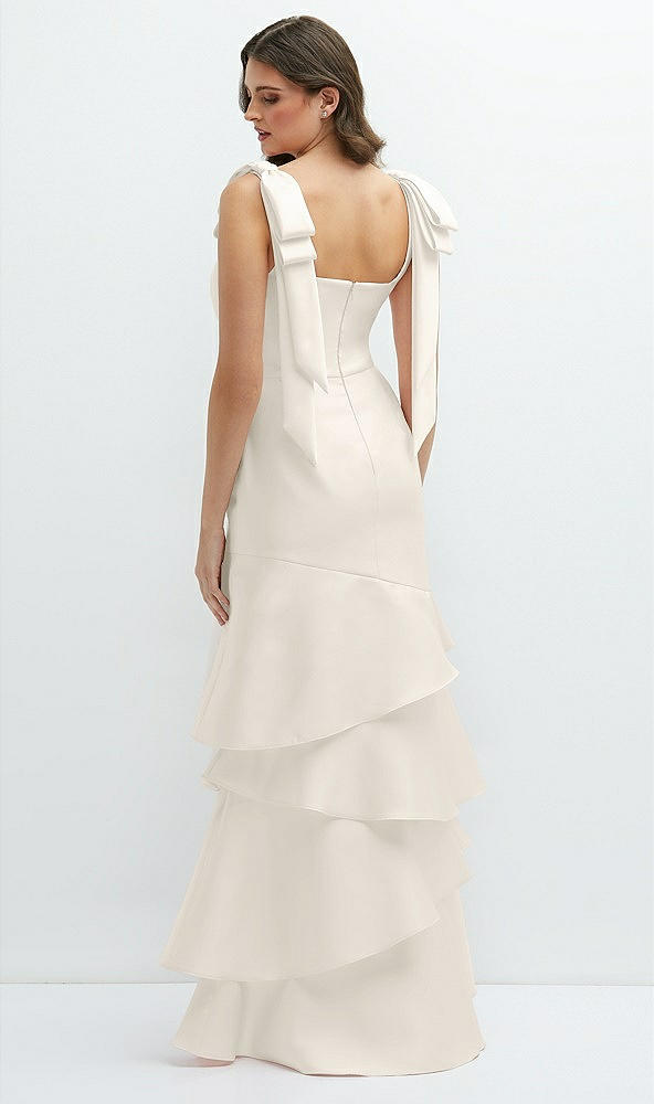 Back View - Ivory Bow-Shoulder Satin Maxi Dress with Asymmetrical Tiered Skirt