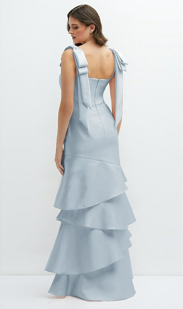 Back View - Mist Bow-Shoulder Satin Maxi Dress with Asymmetrical Tiered Skirt