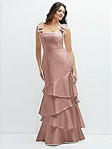 Side View Thumbnail - Neu Nude Bow-Shoulder Satin Maxi Dress with Asymmetrical Tiered Skirt