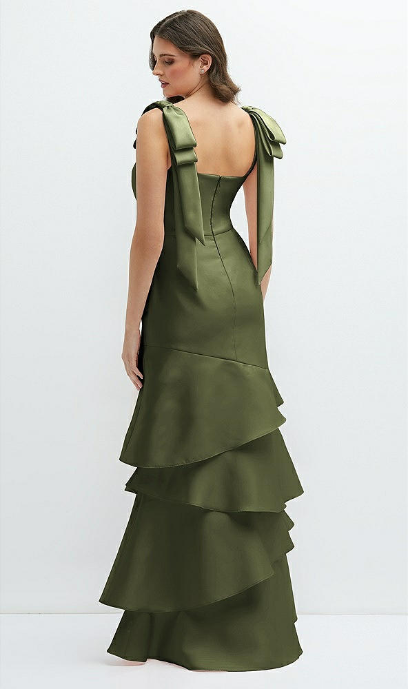 Back View - Olive Green Bow-Shoulder Satin Maxi Dress with Asymmetrical Tiered Skirt
