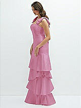 Front View Thumbnail - Powder Pink Bow-Shoulder Satin Maxi Dress with Asymmetrical Tiered Skirt