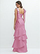 Rear View Thumbnail - Powder Pink Bow-Shoulder Satin Maxi Dress with Asymmetrical Tiered Skirt