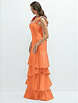 Front View Thumbnail - Portofino Orange Bow-Shoulder Satin Maxi Dress with Asymmetrical Tiered Skirt