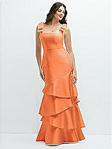 Side View Thumbnail - Portofino Orange Bow-Shoulder Satin Maxi Dress with Asymmetrical Tiered Skirt
