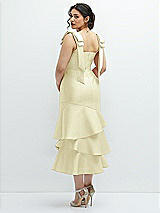 Front View Thumbnail - Butter Yellow Bow-Shoulder Satin Midi Dress with Asymmetrical Tiered Skirt