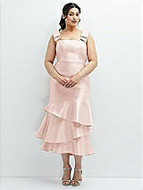 Rear View Thumbnail - Blush Bow-Shoulder Satin Midi Dress with Asymmetrical Tiered Skirt