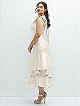 Side View Thumbnail - Ivory Bow-Shoulder Satin Midi Dress with Asymmetrical Tiered Skirt