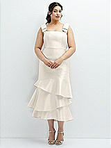 Rear View Thumbnail - Ivory Bow-Shoulder Satin Midi Dress with Asymmetrical Tiered Skirt