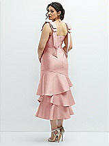 Front View Thumbnail - Rose Bow-Shoulder Satin Midi Dress with Asymmetrical Tiered Skirt