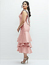 Side View Thumbnail - Rose Bow-Shoulder Satin Midi Dress with Asymmetrical Tiered Skirt