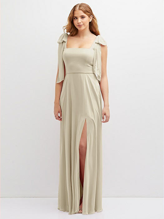 Bow Shoulder Square Neck Chiffon Maxi Dress