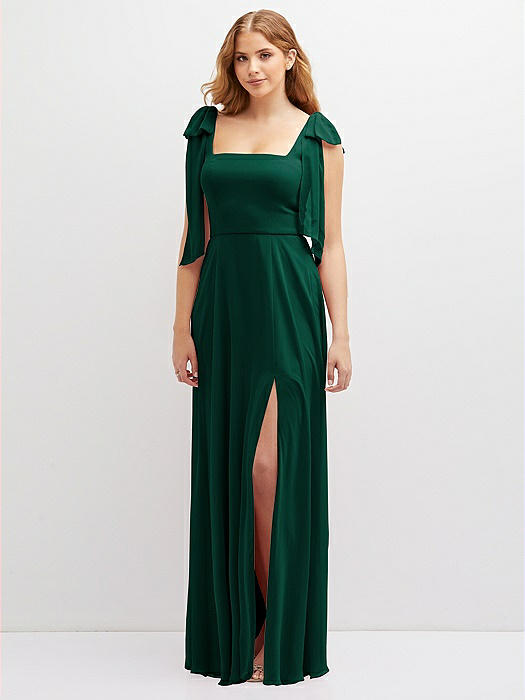 Bow Shoulder Square Neck Chiffon Maxi Dress