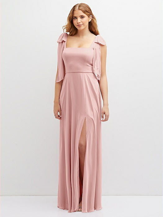 Bow Shoulder Square Neck Chiffon Maxi Dress