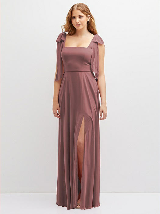 Bow Shoulder Square Neck Chiffon Maxi Dress