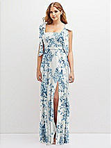 Front View Thumbnail - Cottage Rose Dusk Blue Bow Shoulder Square Neck Chiffon Maxi Dress