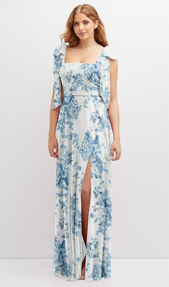 Front View - Cottage Rose Dusk Blue Bow Shoulder Square Neck Chiffon Maxi Dress