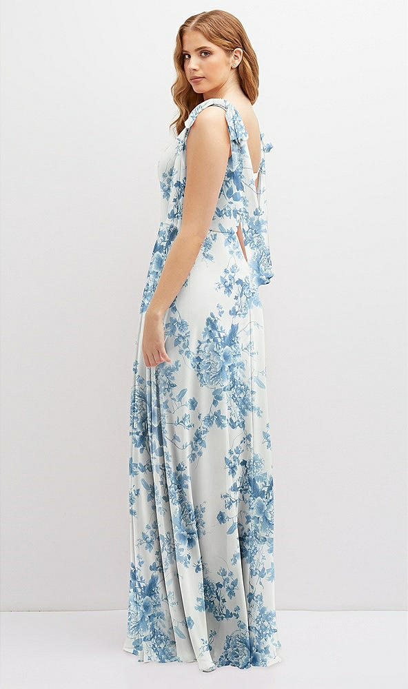 Back View - Cottage Rose Dusk Blue Bow Shoulder Square Neck Chiffon Maxi Dress