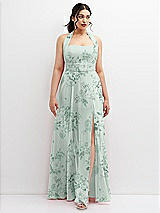 Front View Thumbnail - Mint Green Floral Chiffon Convertible Maxi Dress with Multi-Way Tie Straps