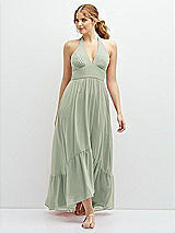 Front View Thumbnail - Celadon Chiffon Halter High-Low Dress with Deep Ruffle Hem