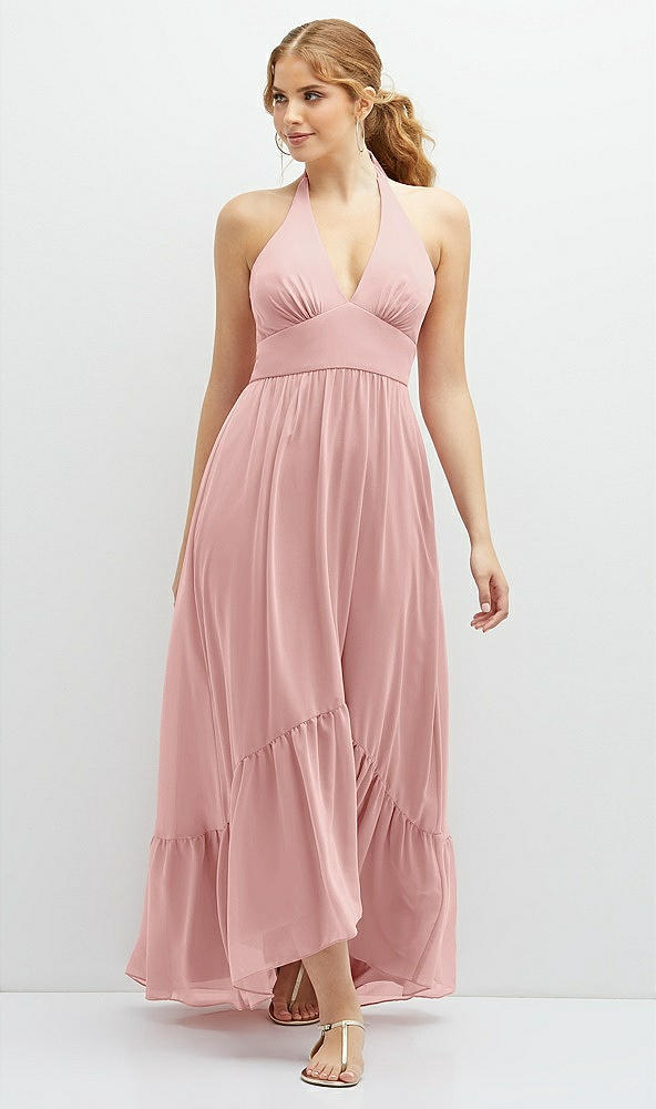 Front View - Rose Chiffon Halter High-Low Dress with Deep Ruffle Hem