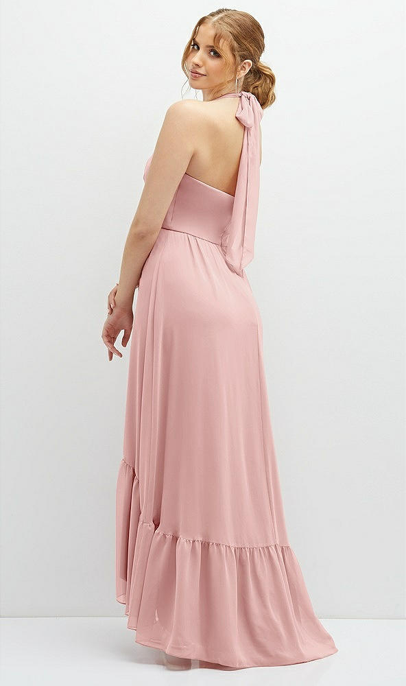 Back View - Rose Chiffon Halter High-Low Dress with Deep Ruffle Hem