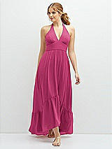 Front View Thumbnail - Tea Rose Chiffon Halter High-Low Dress with Deep Ruffle Hem