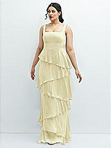 Front View Thumbnail - Butter Yellow Asymmetrical Tiered Ruffle Chiffon Maxi Dress with Square Neckline