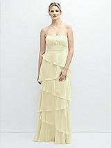 Front View Thumbnail - Butter Yellow Strapless Asymmetrical Tiered Ruffle Chiffon Maxi Dress