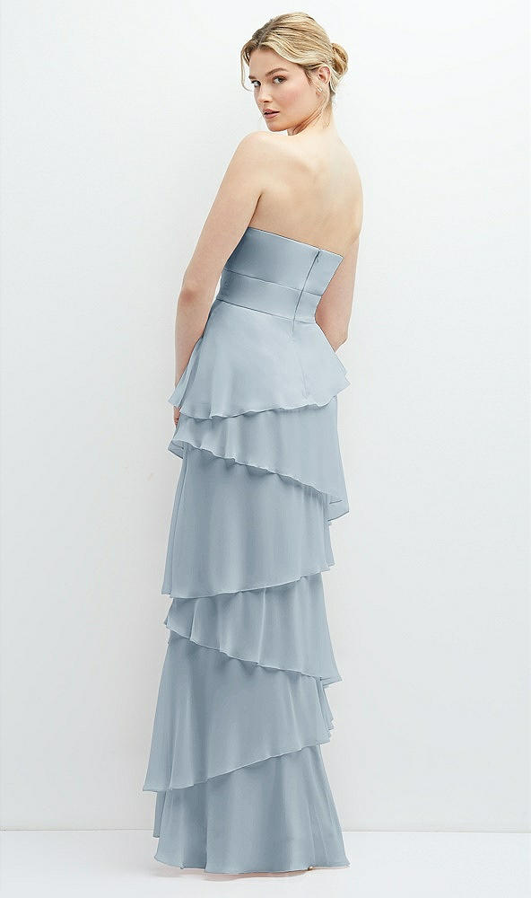 Back View - Mist Strapless Asymmetrical Tiered Ruffle Chiffon Maxi Dress