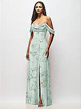 Front View Thumbnail - Mint Green Floral Chiffon Corset Maxi Dress with Removable Off-the-Shoulder Swags