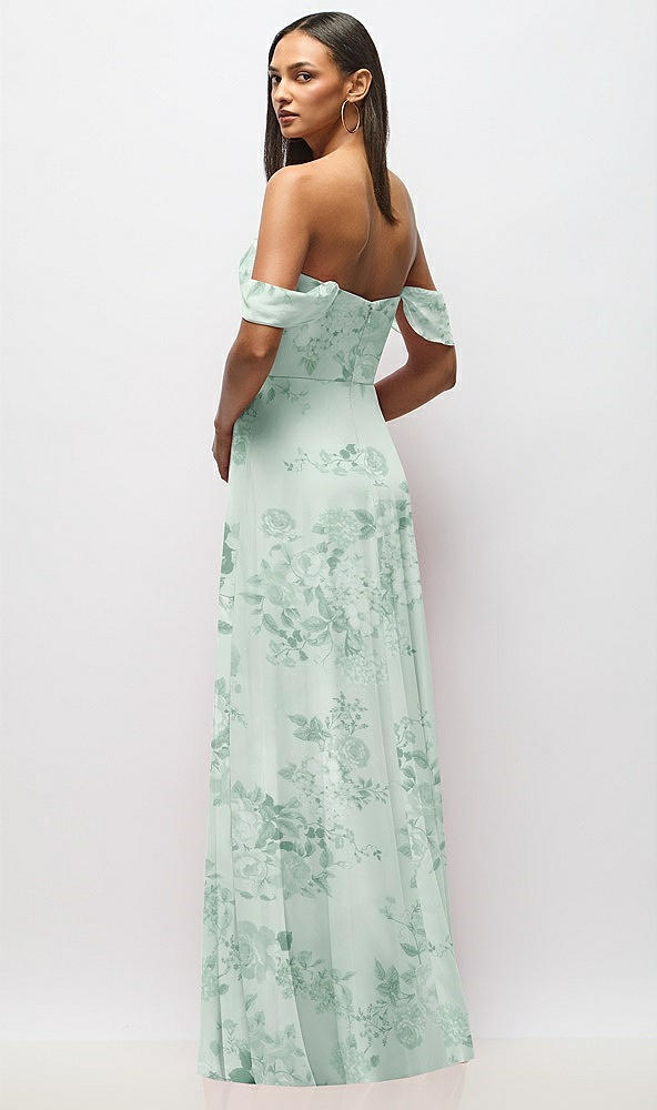 Back View - Mint Green Floral Chiffon Corset Maxi Dress with Removable Off-the-Shoulder Swags