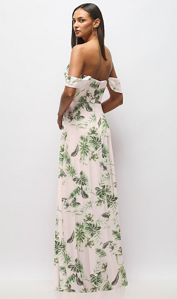 Back View - Palm Beach Print Chiffon Corset Maxi Dress with Removable Off-the-Shoulder Swags
