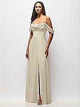 Front View Thumbnail - Champagne Chiffon Corset Maxi Dress with Removable Off-the-Shoulder Swags