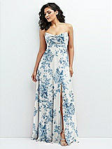 Alt View 1 Thumbnail - Cottage Rose Dusk Blue Chiffon Corset Maxi Dress with Removable Off-the-Shoulder Swags