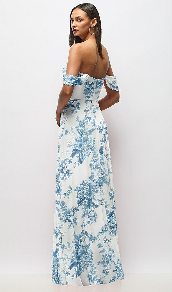 Back View - Cottage Rose Dusk Blue Chiffon Corset Maxi Dress with Removable Off-the-Shoulder Swags