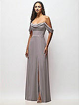Front View Thumbnail - Cashmere Gray Chiffon Corset Maxi Dress with Removable Off-the-Shoulder Swags