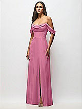 Front View Thumbnail - Orchid Pink Chiffon Corset Maxi Dress with Removable Off-the-Shoulder Swags