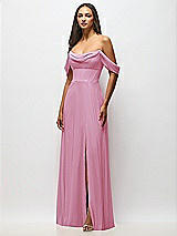 Front View Thumbnail - Powder Pink Chiffon Corset Maxi Dress with Removable Off-the-Shoulder Swags