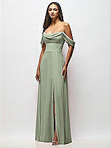 Front View Thumbnail - Sage Chiffon Corset Maxi Dress with Removable Off-the-Shoulder Swags