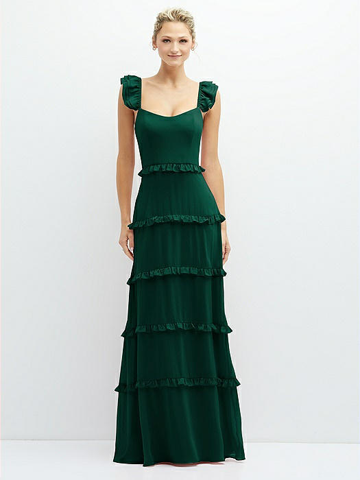 Tiered Chiffon Maxi A-line Dress with Convertible Ruffle Straps